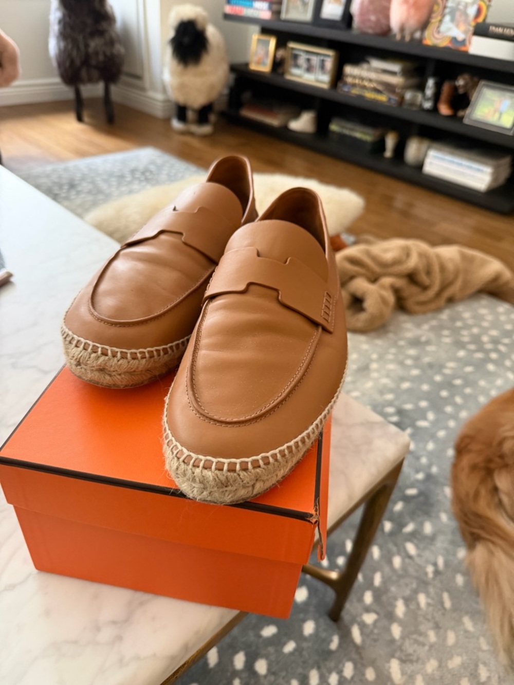 Hermes Cognac Leather Espadrille Penny Loafers